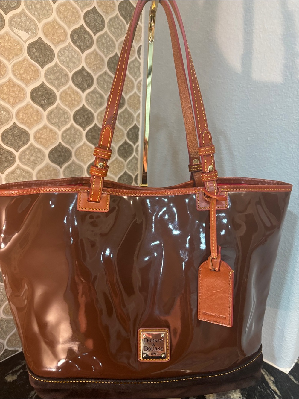 Dooney & Bourke Brown Patent Tote with Tan Trim